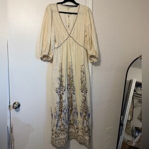 Max Studio Cream and Blue Embroidered Long Sleeve Dress